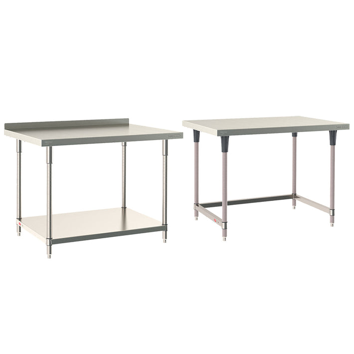 Metro TableWorx stationary stainless steel work table configurations for commercial and industrial use.
