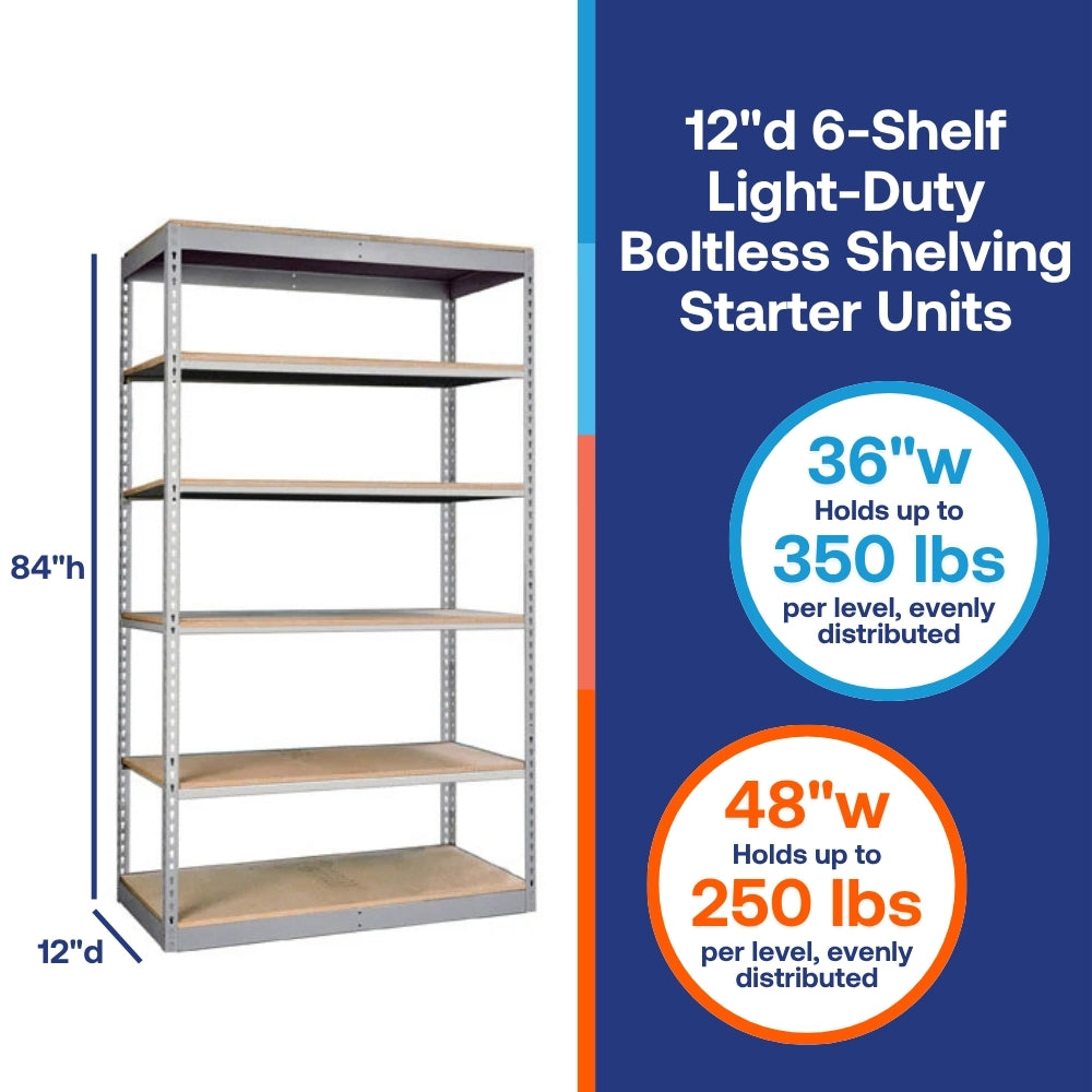 Lyon 12"d 6-Shelf Light-Duty Boltless Shelving Starter Units - Gray