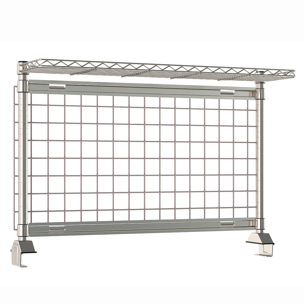 Metro TableWorx rear-mount riser system featuring gray epoxy-coated steel wire grid and stainless steel cantilevered wire shelf with 1-inch high ledge, grid hanging rails, and vertical mounting posts.