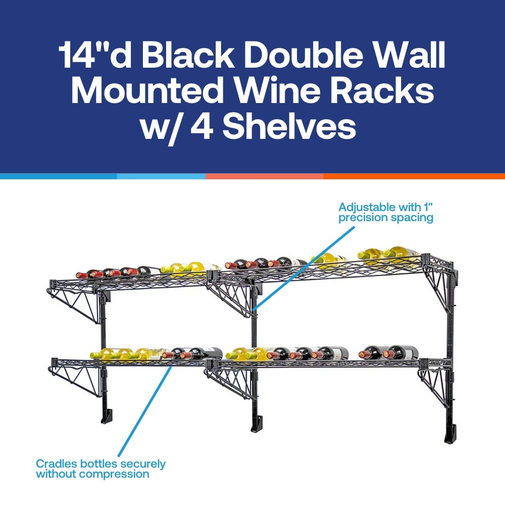 14"d Black Double Wall Mounted Wine Racks w/ 4 Shelves
