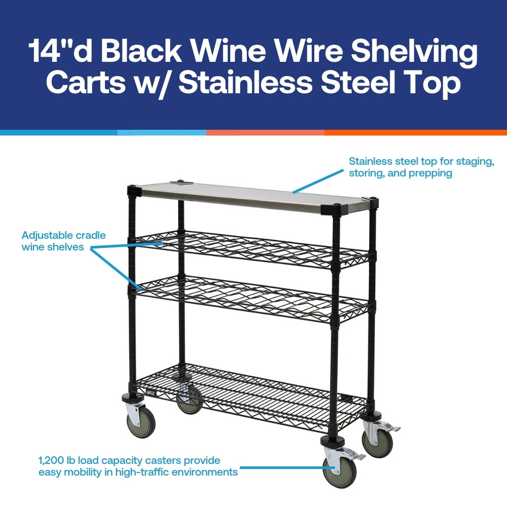 14"d Black Wine Wire Shelving Carts w/ Stainless Steel Top