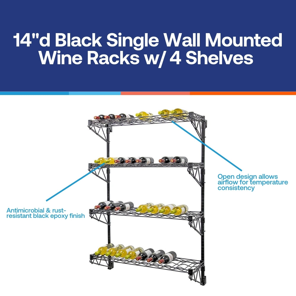 14"d Black Single Wall Mounted Wine Racks w/ 4 Shelves