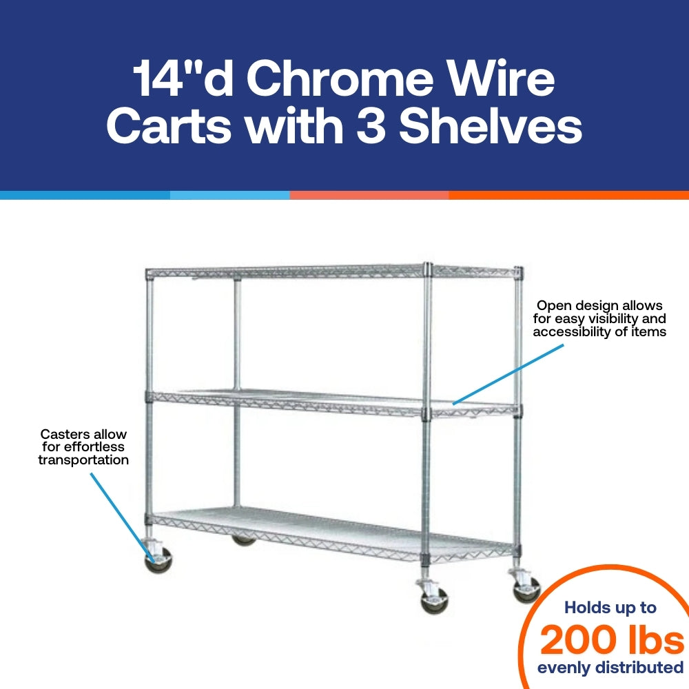 14"d Chrome Wire Carts w/ 3 Shelves