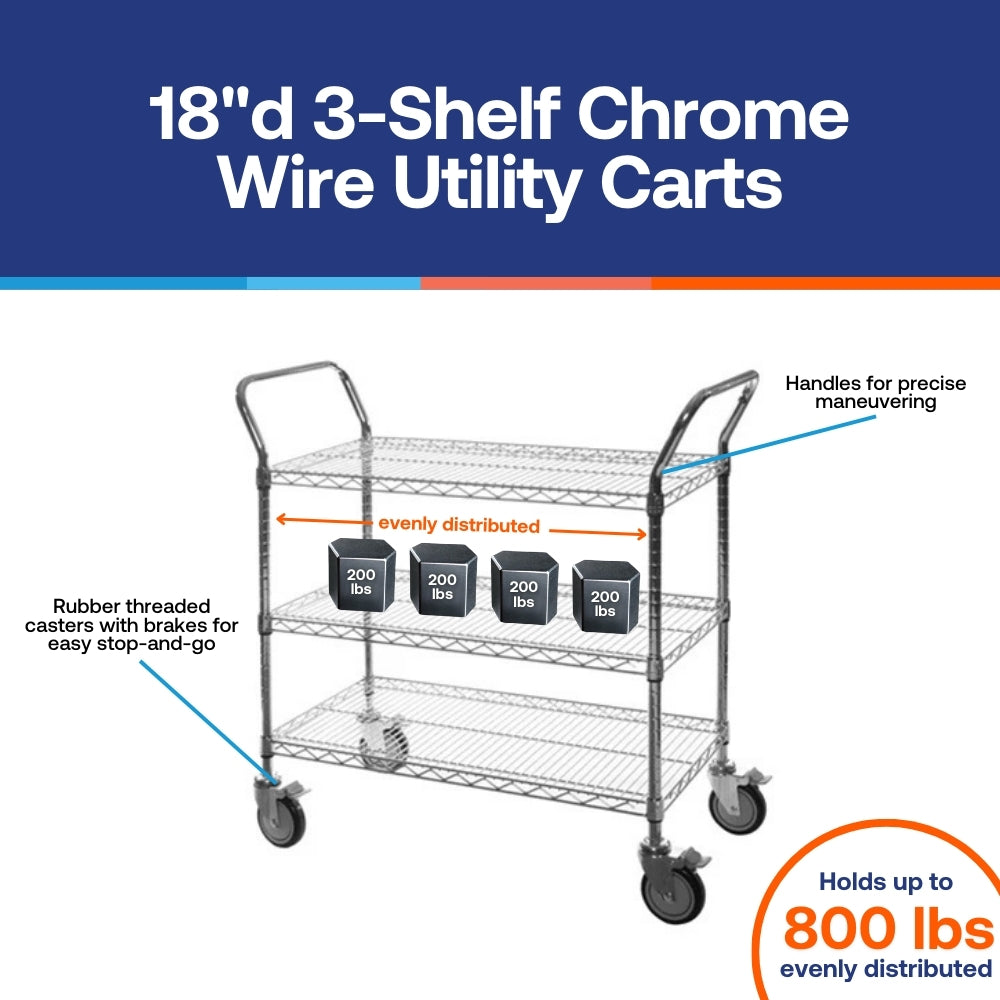 18"d 3-Shelf Chrome Wire Utility Carts