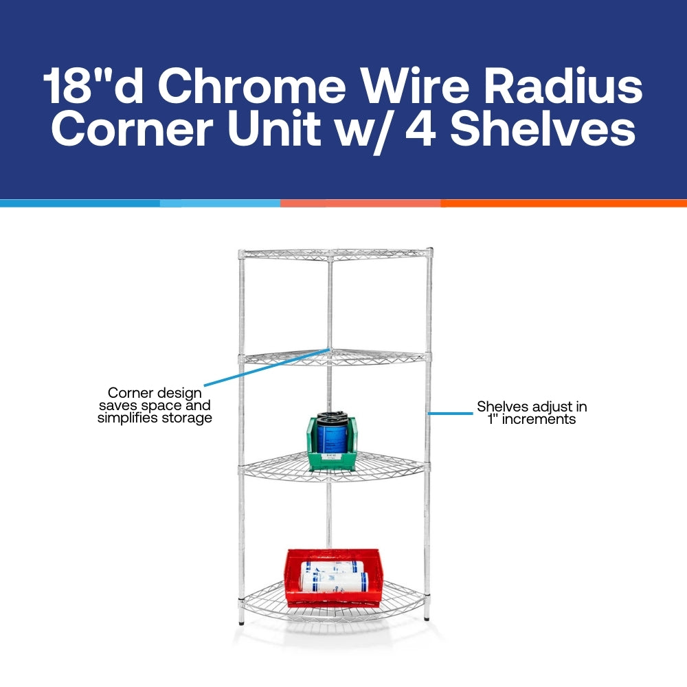 18"d Chrome Wire Radius Corner Unit w/ 4 Shelves