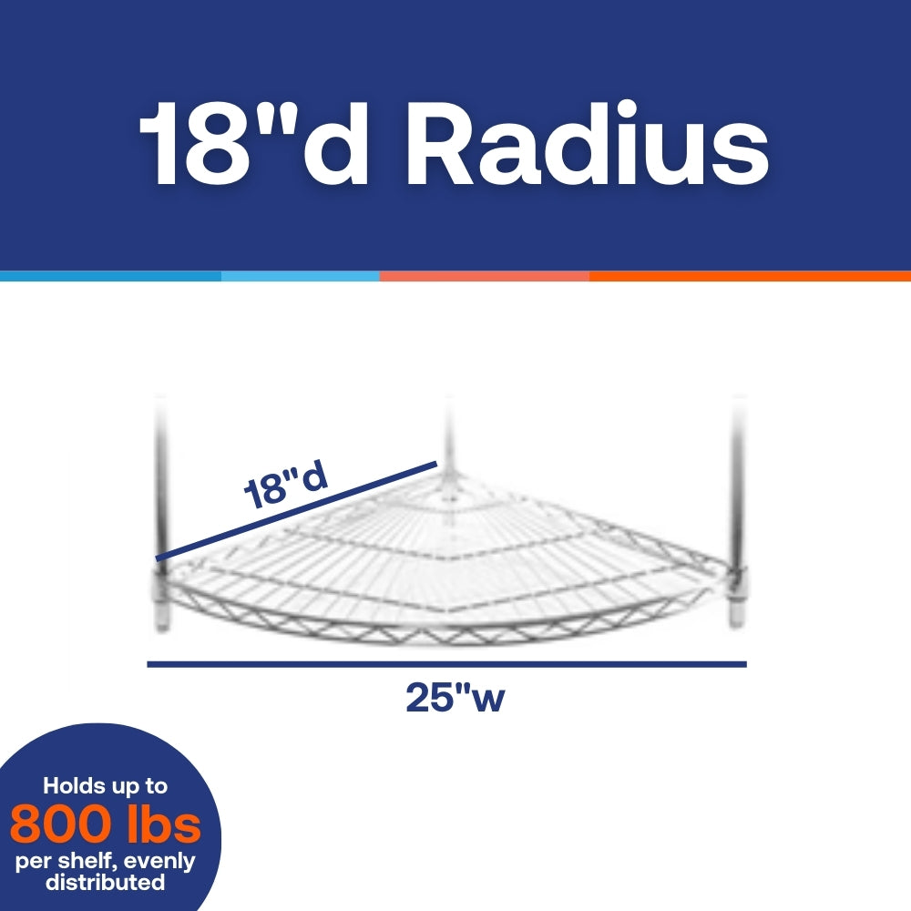 18"d Chrome Wire Radius Corner Unit w/ 4 Shelves