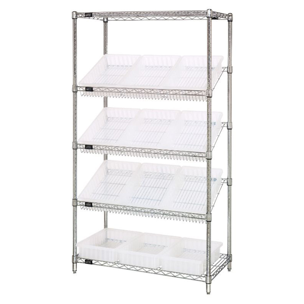 18"d x 36"w x 63"h 5-Tier Slanted Wire Shelving with 16-1/2"d x 10-7/8"w x 3-1/2"h Dividable Grid Containers