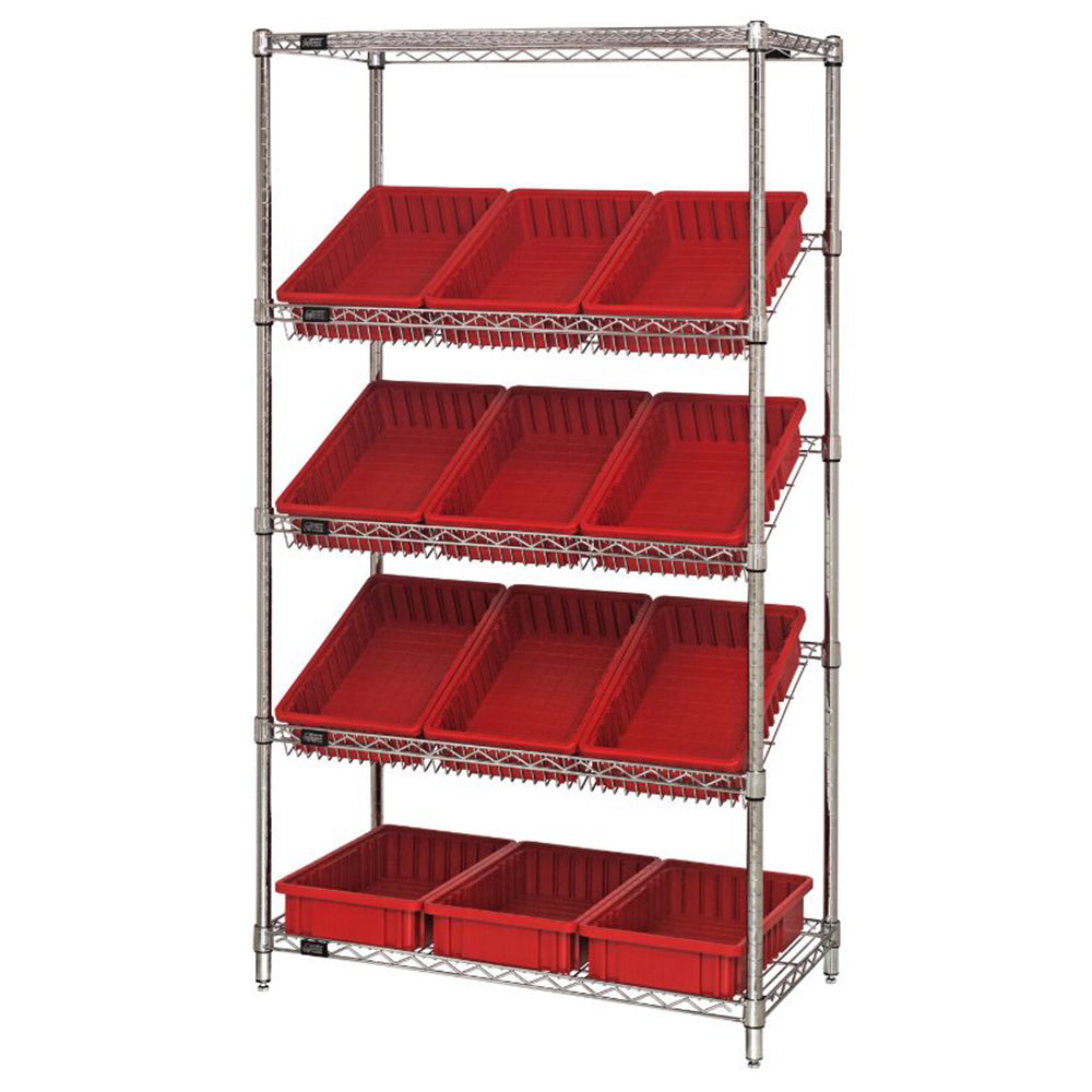 18"d x 36"w x 63"h 5-Tier Slanted Wire Shelving with 16-1/2"d x 10-7/8"w x 3-1/2"h Dividable Grid Containers