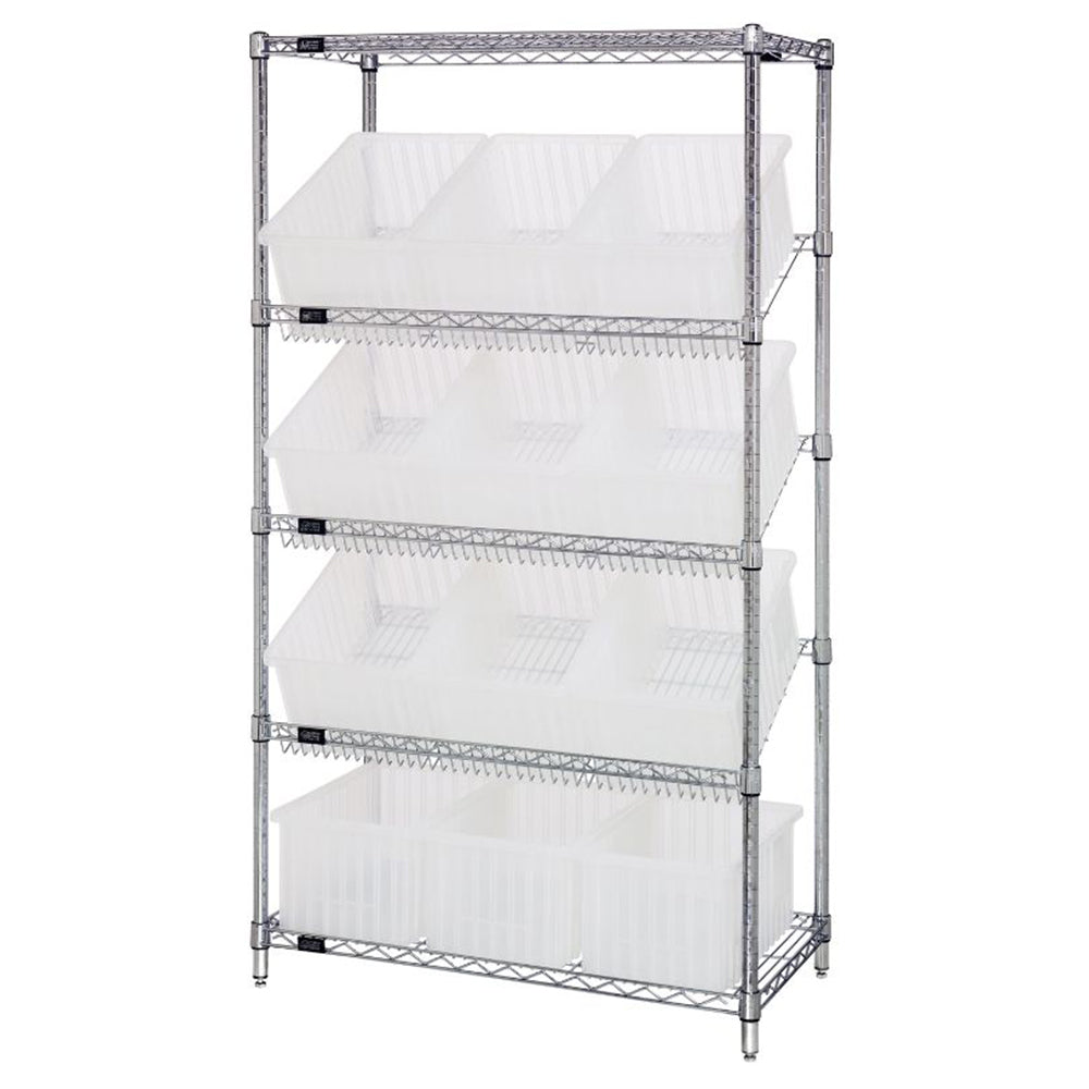 18"d x 36"w x 63"h 5-Tier Slanted Wire Shelving with 16-1/2"d x 10-7/8"w x 8"h Dividable Grid Containers