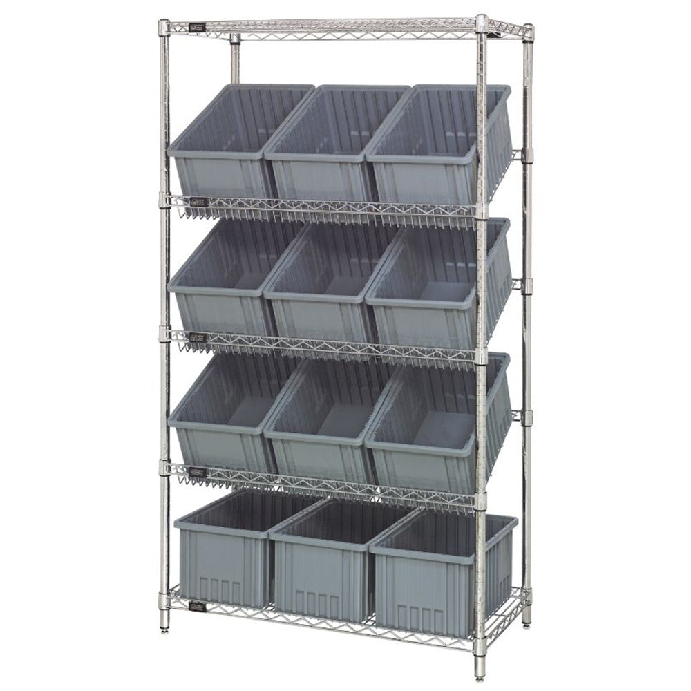 18"d x 36"w x 63"h 5-Tier Slanted Wire Shelving with 16-1/2"d x 10-7/8"w x 8"h Dividable Grid Containers