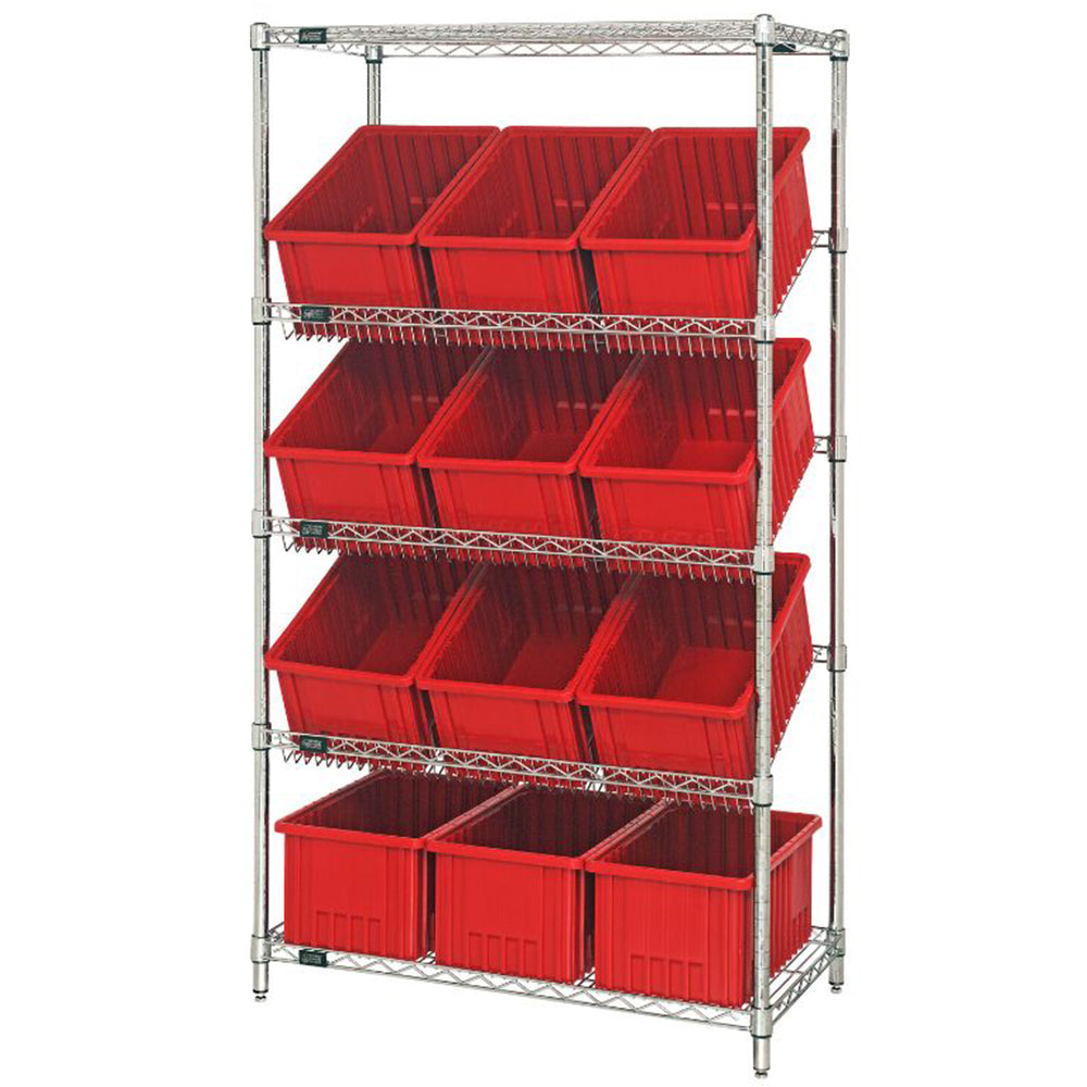 18"d x 36"w x 63"h 5-Tier Slanted Wire Shelving with 16-1/2"d x 10-7/8"w x 8"h Dividable Grid Containers
