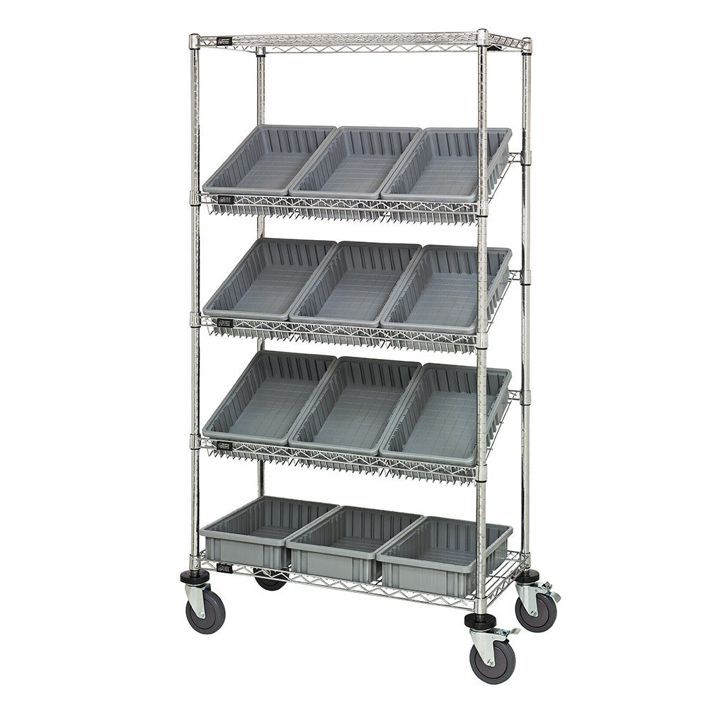 18"d x 36"w x 69"h 5-Tier Slanted Wire Shelving Carts with 16-1/2"d x 10-7/8"w x 3-1/2"h Dividable Grid Containers