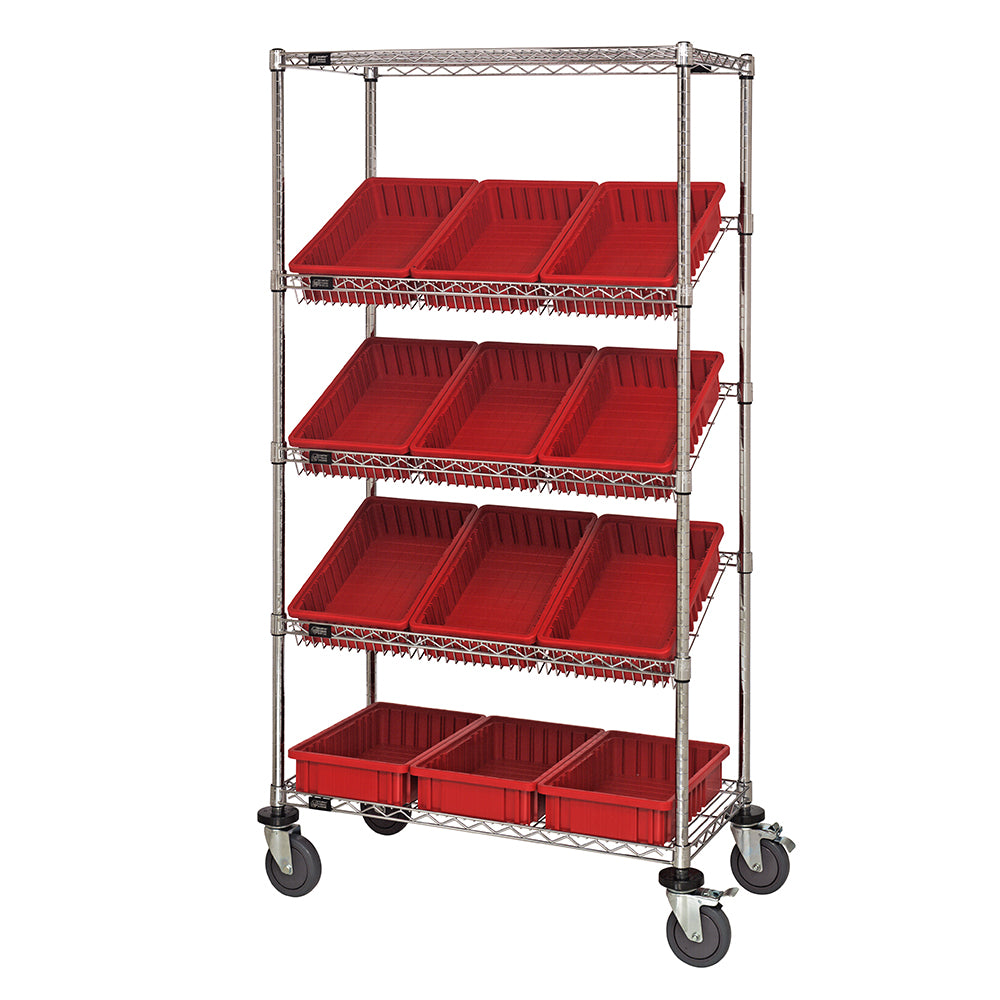 18"d x 36"w x 69"h 5-Tier Slanted Wire Shelving Carts with 16-1/2"d x 10-7/8"w x 3-1/2"h Dividable Grid Containers