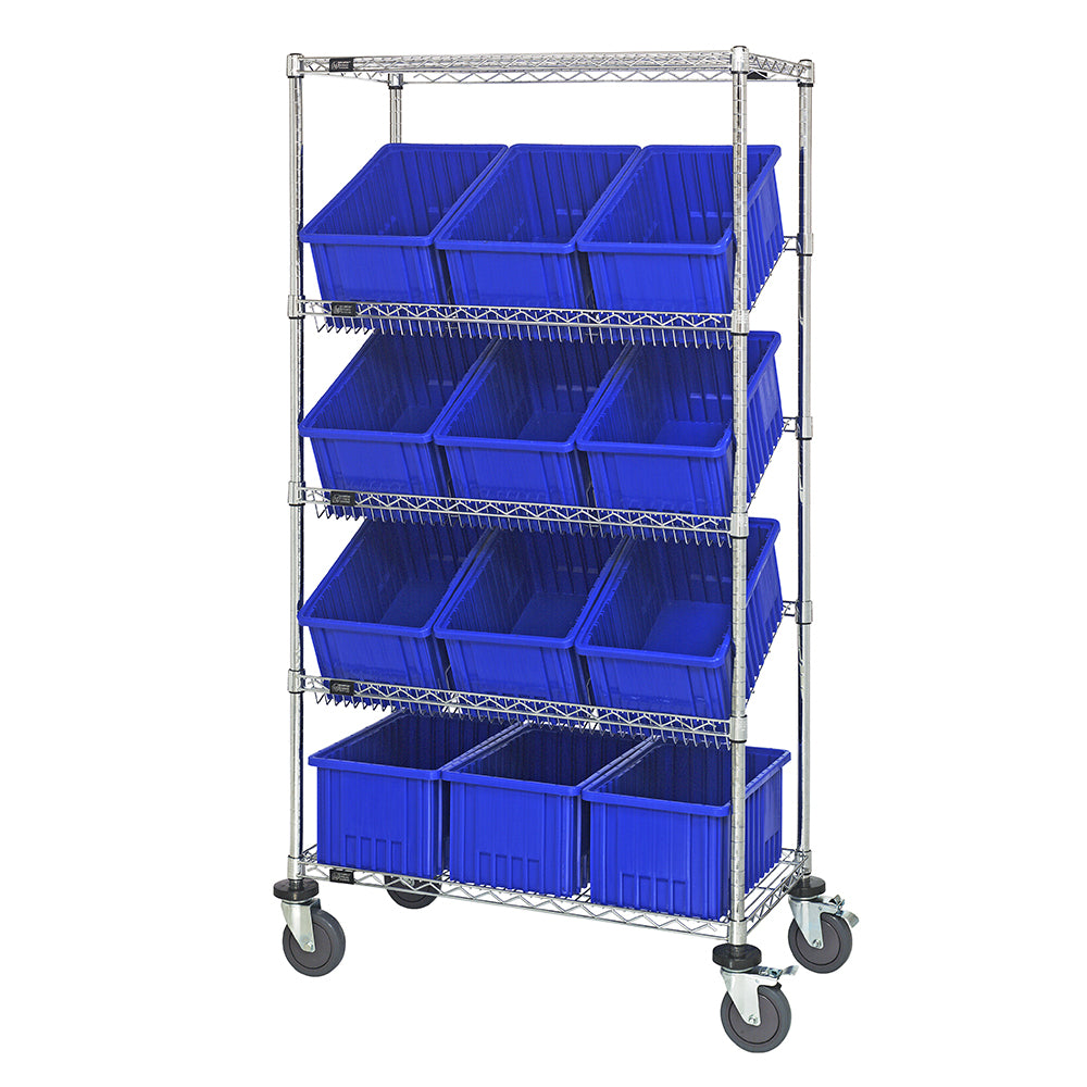18"d x 36"w x 69"h 5-Tier Slanted Wire Shelving Carts with 16-1/2"d x 10-7/8"w x 8"h Dividable Grid Containers