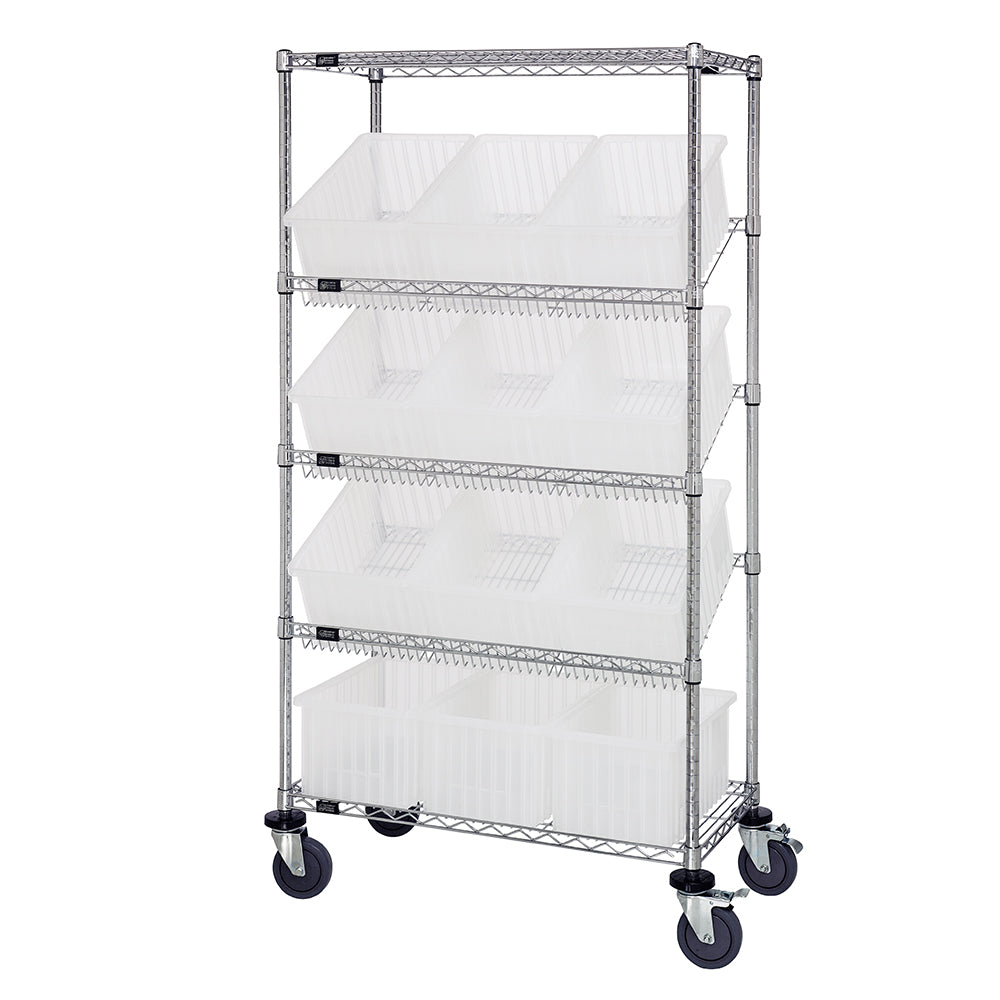 18"d x 36"w x 69"h 5-Tier Slanted Wire Shelving Carts with 16-1/2"d x 10-7/8"w x 8"h Dividable Grid Containers