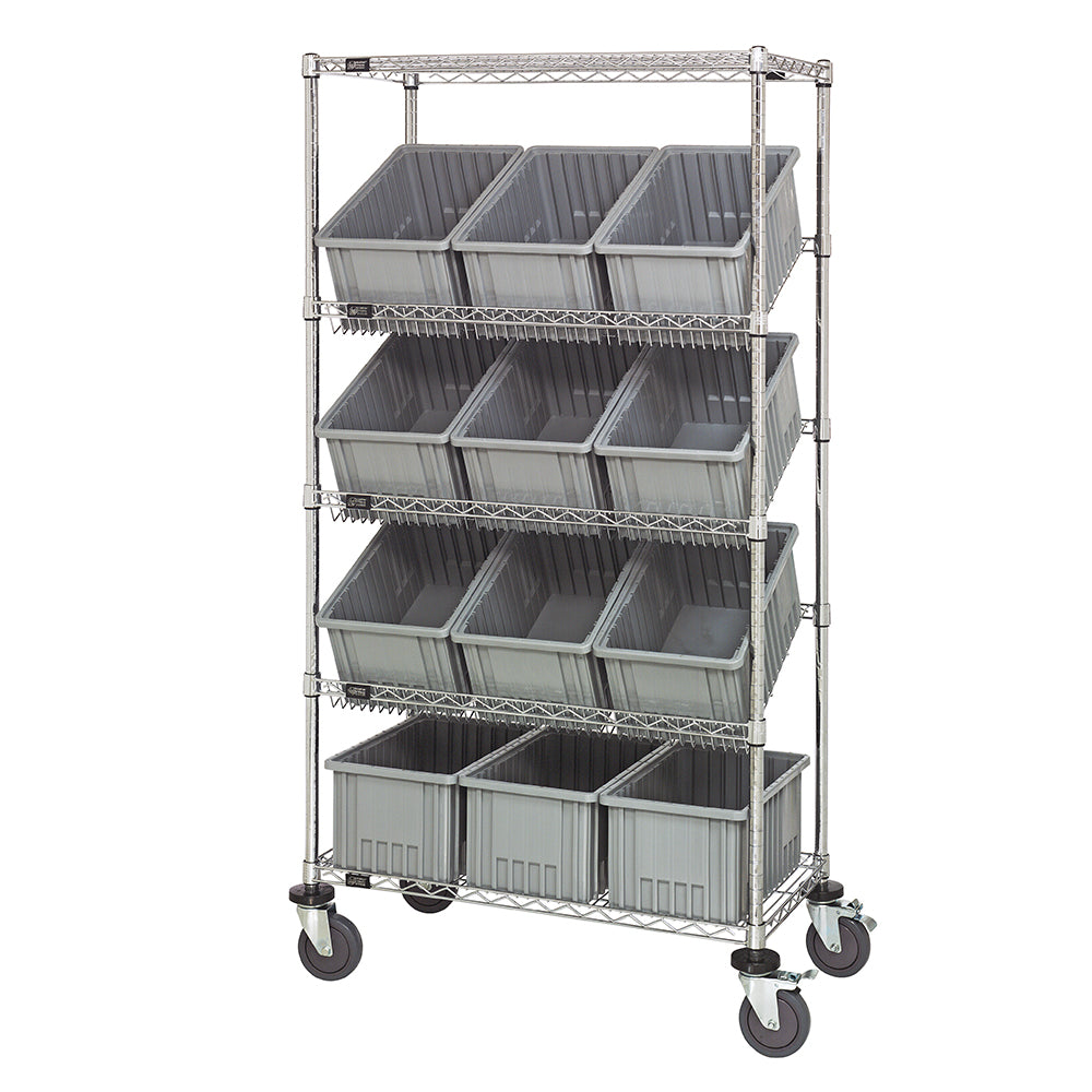 18"d x 36"w x 69"h 5-Tier Slanted Wire Shelving Carts with 16-1/2"d x 10-7/8"w x 8"h Dividable Grid Containers