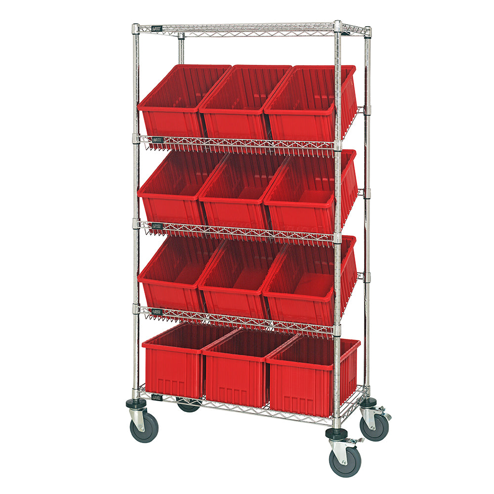 18"d x 36"w x 69"h 5-Tier Slanted Wire Shelving Carts with 16-1/2"d x 10-7/8"w x 8"h Dividable Grid Containers
