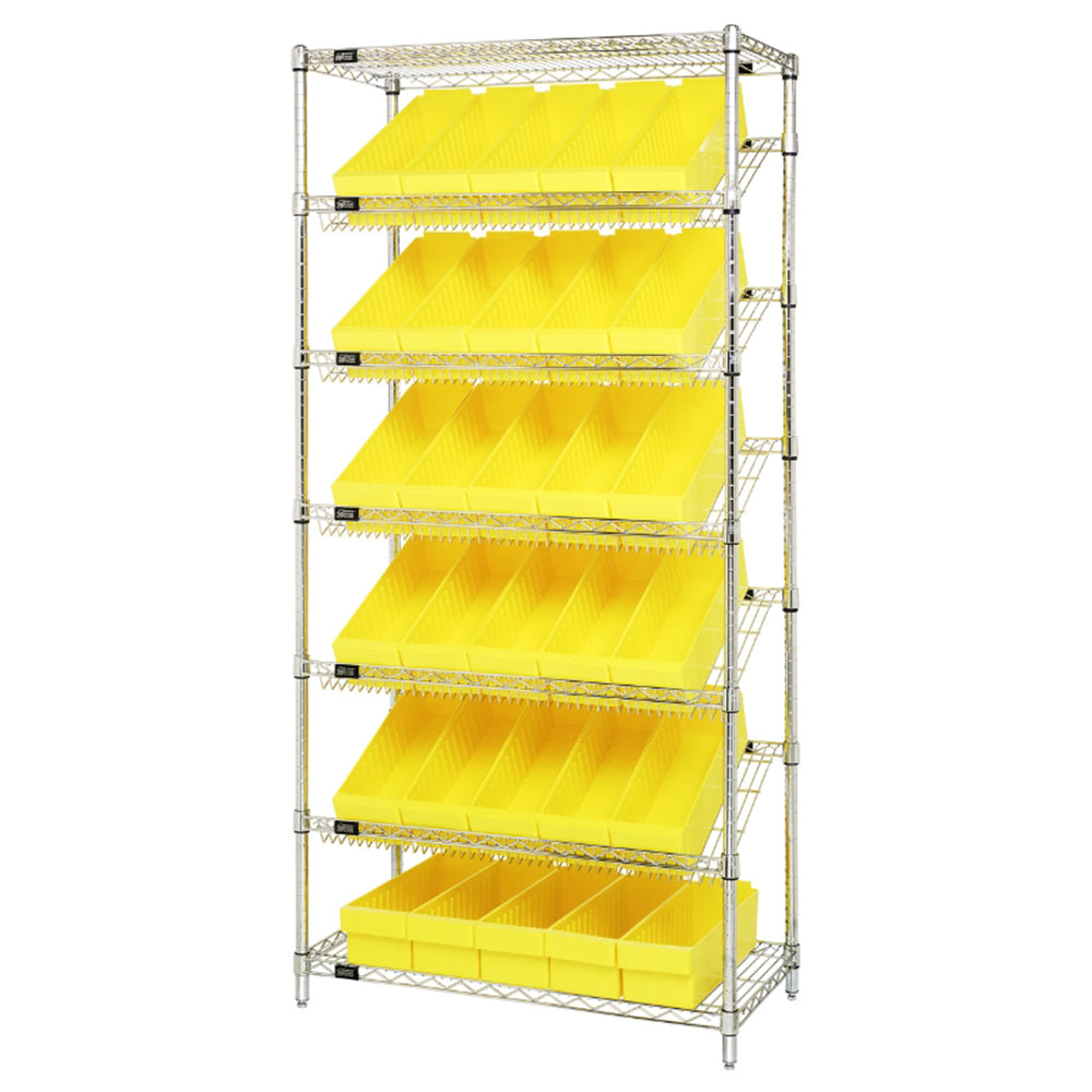 18"d x 36"w x 74"h 7-Tier Slanted Wire Shelving with 17-3/4"d x 5-9/16"w x 4-5/8"h Drawers