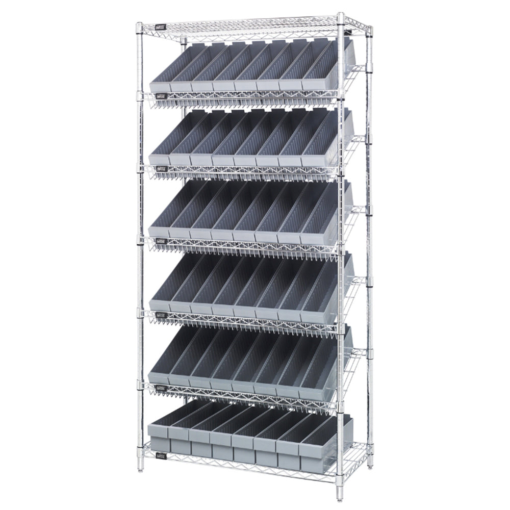 18"d x 36"w x 74"h 7-Tier Slanted Wire Shelving with 17-5/8"d x 3-3/4"w x 4-5/8"h Drawers