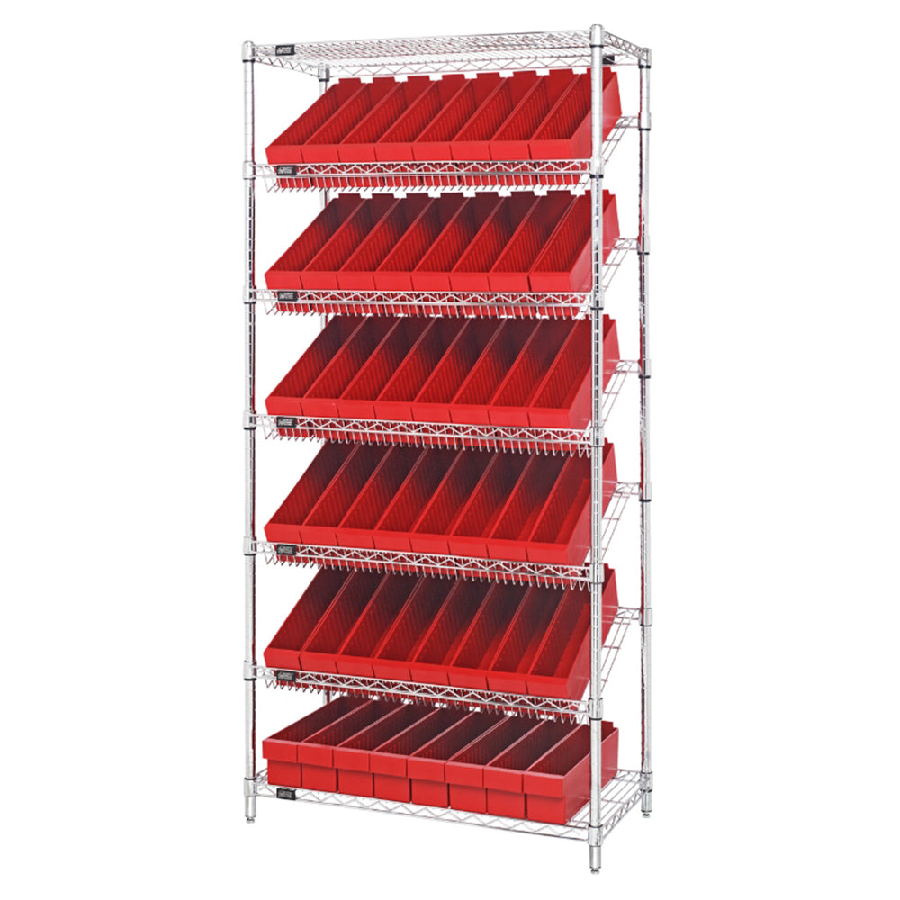 18"d x 36"w x 74"h 7-Tier Slanted Wire Shelving with 17-5/8"d x 3-3/4"w x 4-5/8"h Drawers