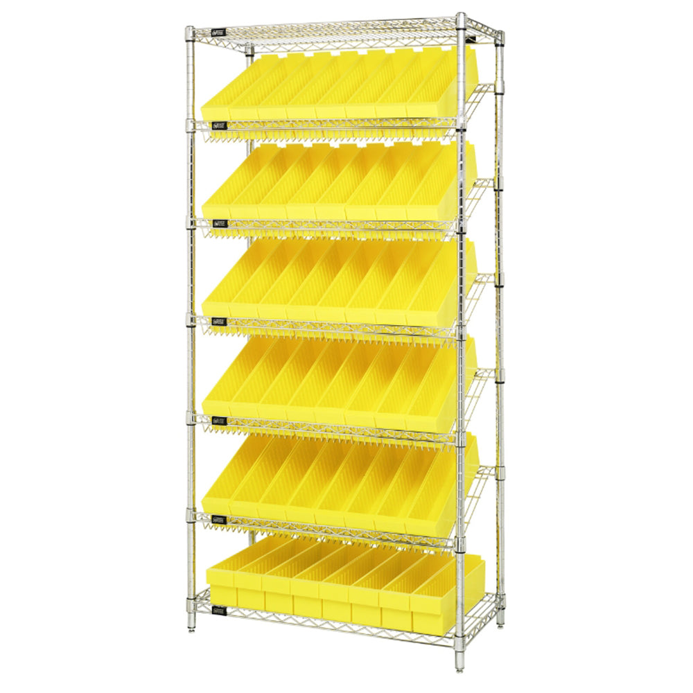 18"d x 36"w x 74"h 7-Tier Slanted Wire Shelving with 17-5/8"d x 3-3/4"w x 4-5/8"h Drawers