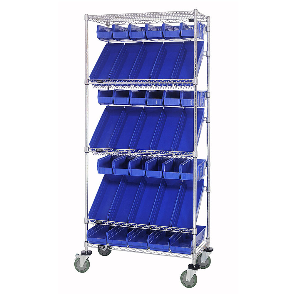 18"d x 36"w x 80"h 5-Tier Slanted Wire Shelving Carts with 5"h Hang Bins & 4"h Shelf Bins