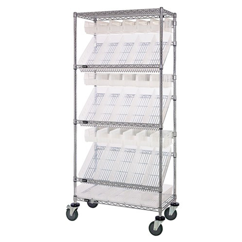 18"d x 36"w x 80"h 5-Tier Slanted Wire Shelving Carts with 5"h Hang Bins & 4"h Shelf Bins