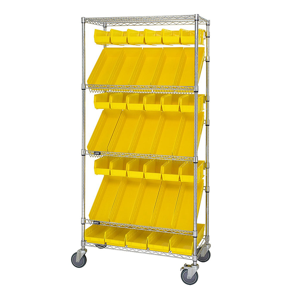 18"d x 36"w x 80"h 5-Tier Slanted Wire Shelving Carts with 5"h Hang Bins & 4"h Shelf Bins