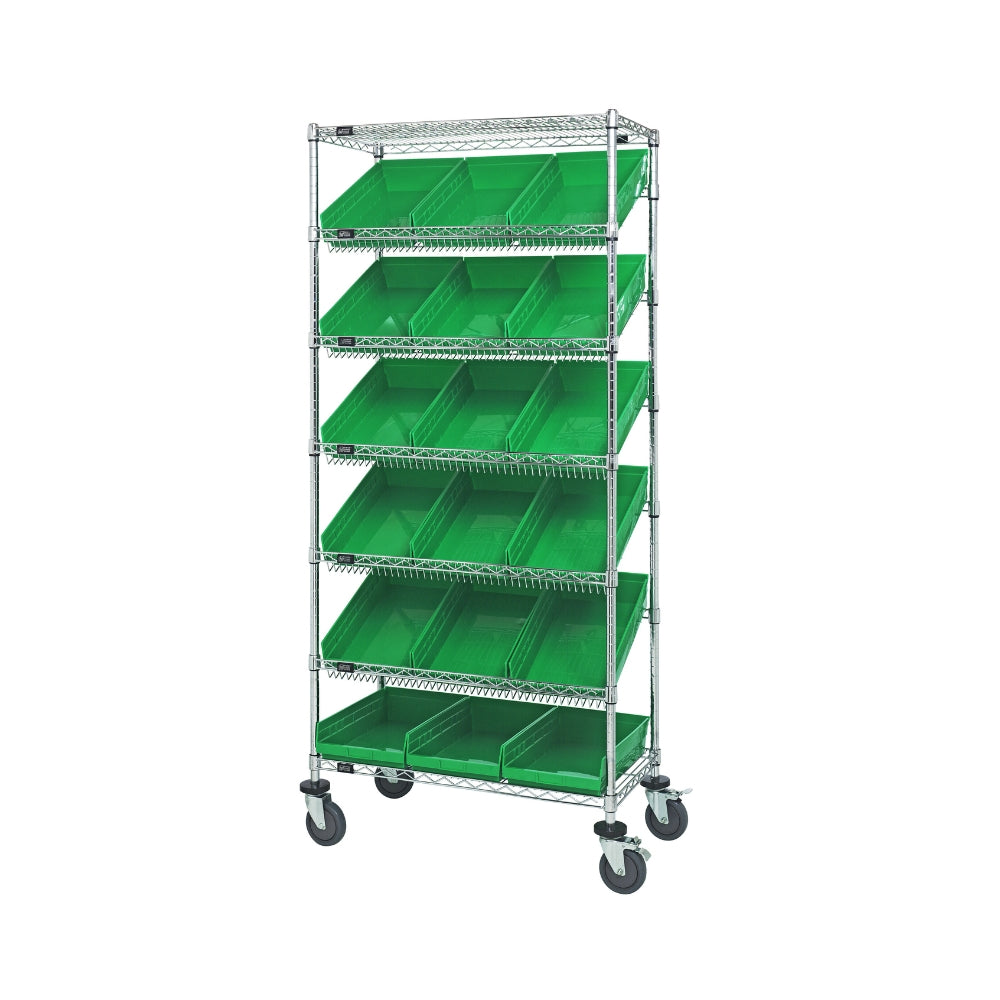 18"d x 36"w x 80"h 7-Tier Slanted Wire Shelving Carts with 17-7/8"d x 11-1/8"w x 4"h Bins