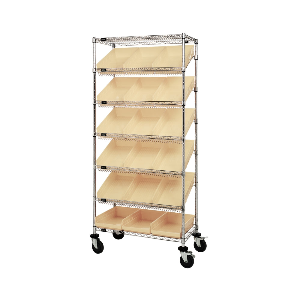 18"d x 36"w x 80"h 7-Tier Slanted Wire Shelving Carts with 17-7/8"d x 11-1/8"w x 4"h Bins