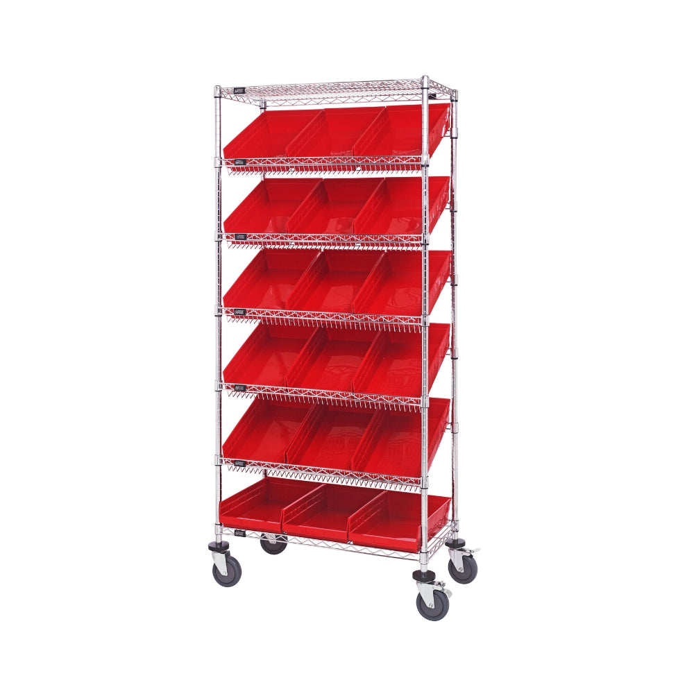 18"d x 36"w x 80"h 7-Tier Slanted Wire Shelving Carts with 17-7/8"d x 11-1/8"w x 4"h Bins