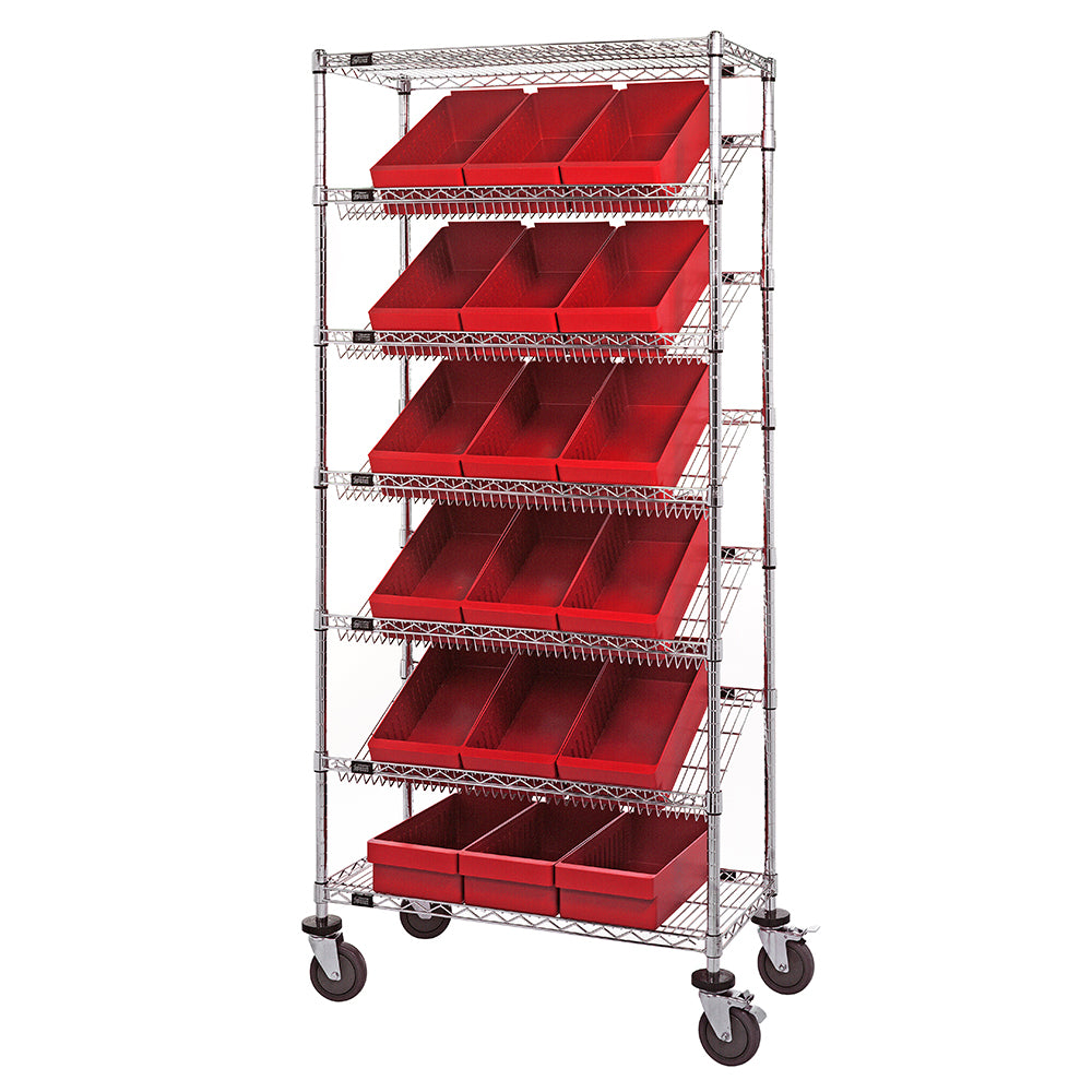 18"d x 36"w x 80"h 7-Tier Slanted Wire Shelving Carts with 17-5/8"d x 8-3/8"w x 4-5/8"h Drawers