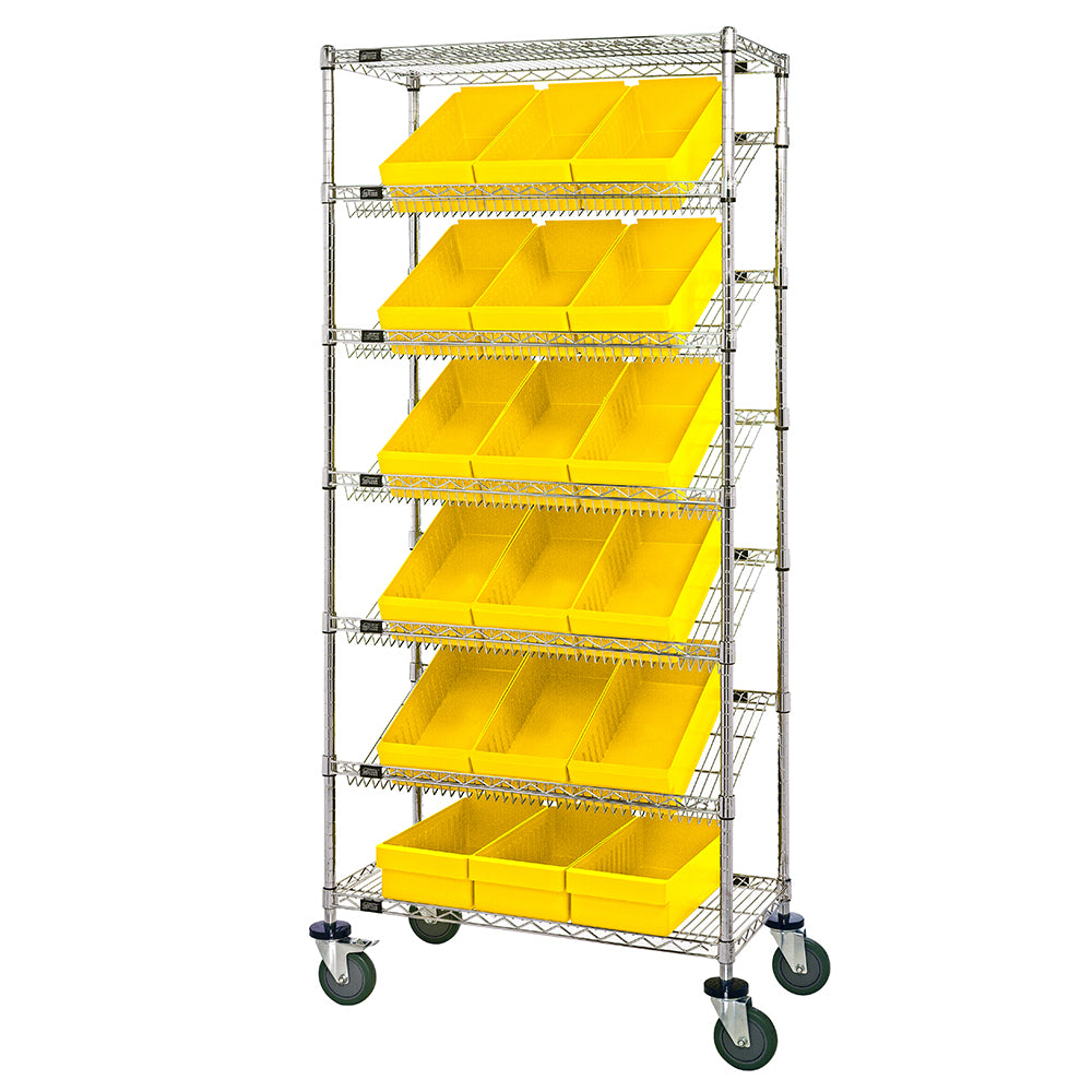 18"d x 36"w x 80"h 7-Tier Slanted Wire Shelving Carts with 17-5/8"d x 8-3/8"w x 4-5/8"h Drawers