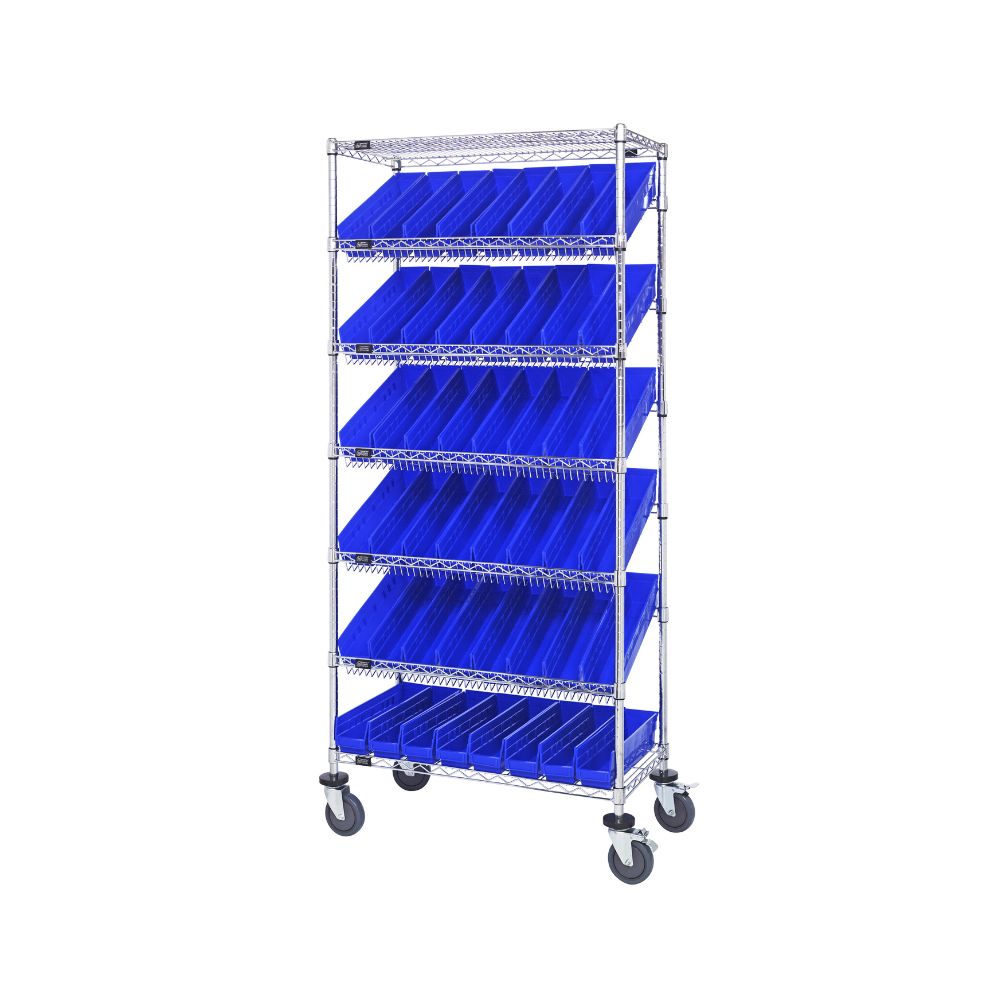 18"d x 36"w x 80"h 7-Tier Slanted Wire Shelving Carts with 17-7/8"d x 4-1/8"w x 4"h Bins