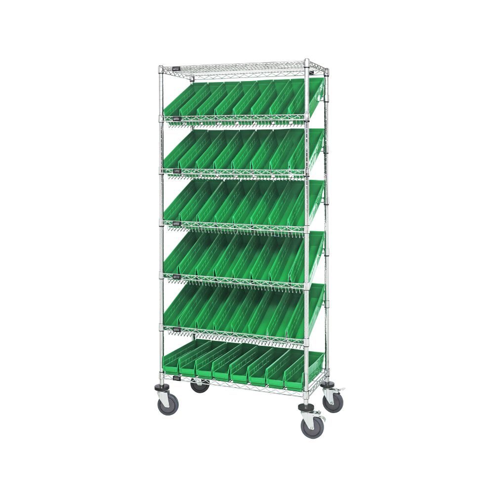 18"d x 36"w x 80"h 7-Tier Slanted Wire Shelving Carts with 17-7/8"d x 4-1/8"w x 4"h Bins