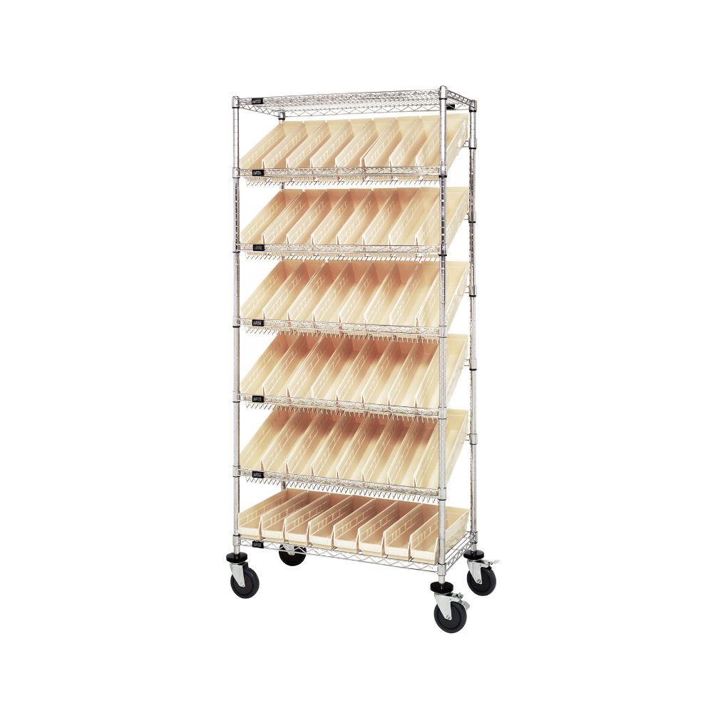 18"d x 36"w x 80"h 7-Tier Slanted Wire Shelving Carts with 17-7/8"d x 4-1/8"w x 4"h Bins