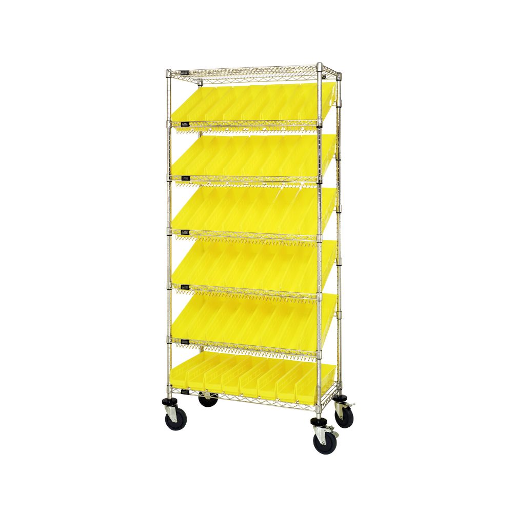 18"d x 36"w x 80"h 7-Tier Slanted Wire Shelving Carts with 17-7/8"d x 4-1/8"w x 4"h Bins