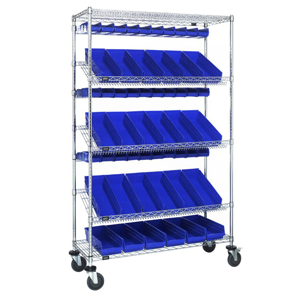 18"d x 48"w x 80"h 5-Tier Slanted Wire Shelving Carts with 3"h Hang Bins & 4"h Shelf Bins