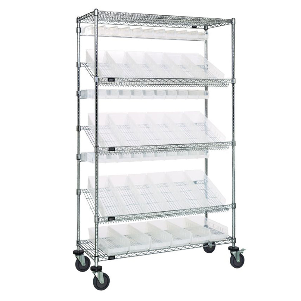 18"d x 48"w x 80"h 5-Tier Slanted Wire Shelving Carts with 3"h Hang Bins & 4"h Shelf Bins