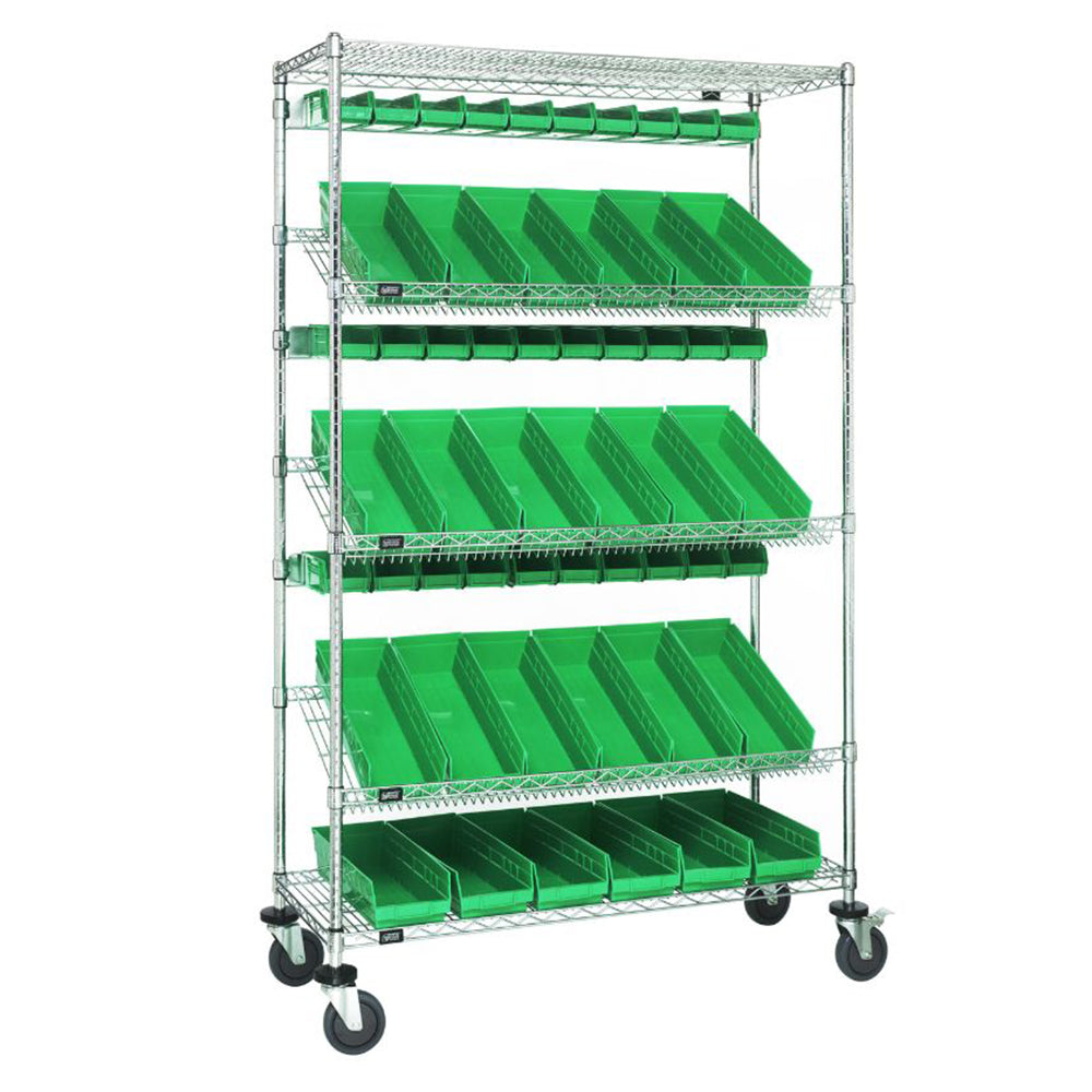 18"d x 48"w x 80"h 5-Tier Slanted Wire Shelving Carts with 3"h Hang Bins & 4"h Shelf Bins