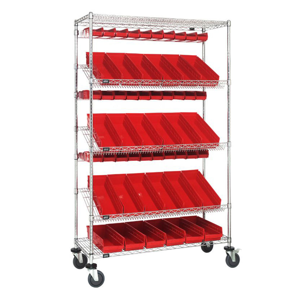 18"d x 48"w x 80"h 5-Tier Slanted Wire Shelving Carts with 3"h Hang Bins & 4"h Shelf Bins