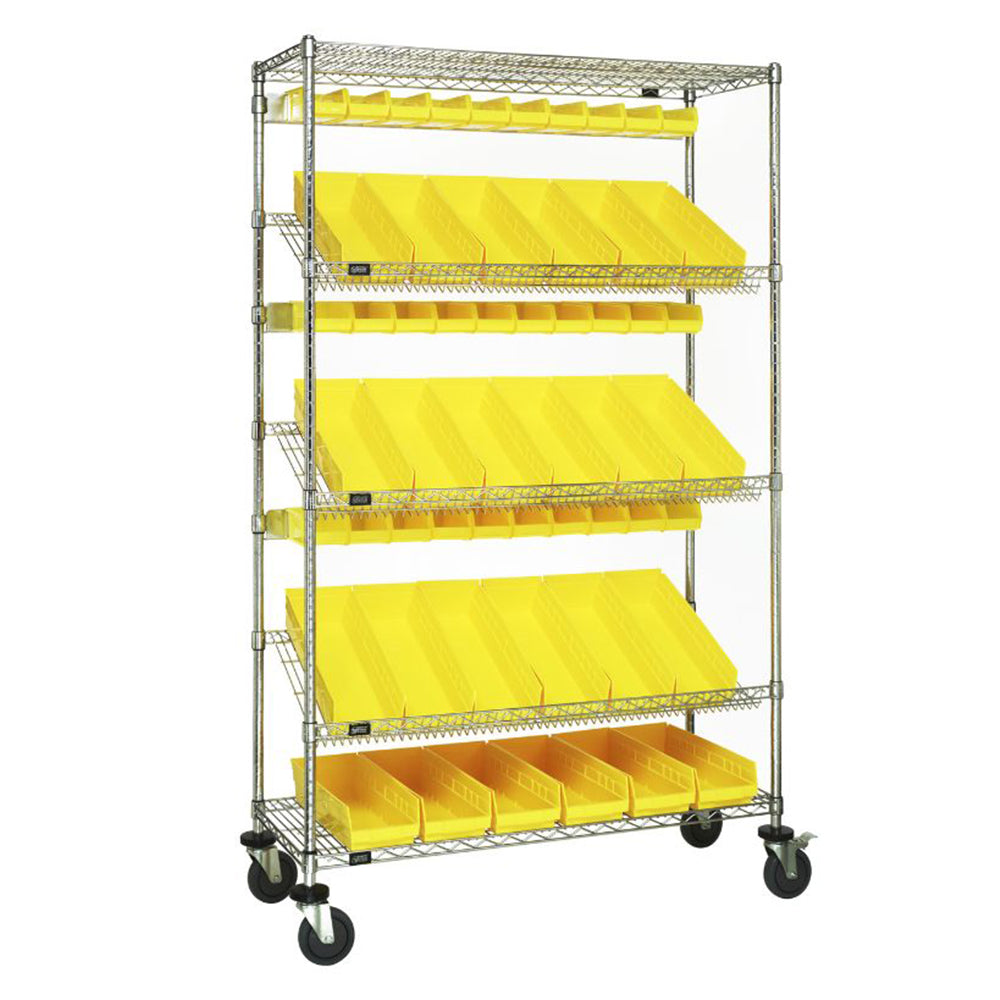 18"d x 48"w x 80"h 5-Tier Slanted Wire Shelving Carts with 3"h Hang Bins & 4"h Shelf Bins
