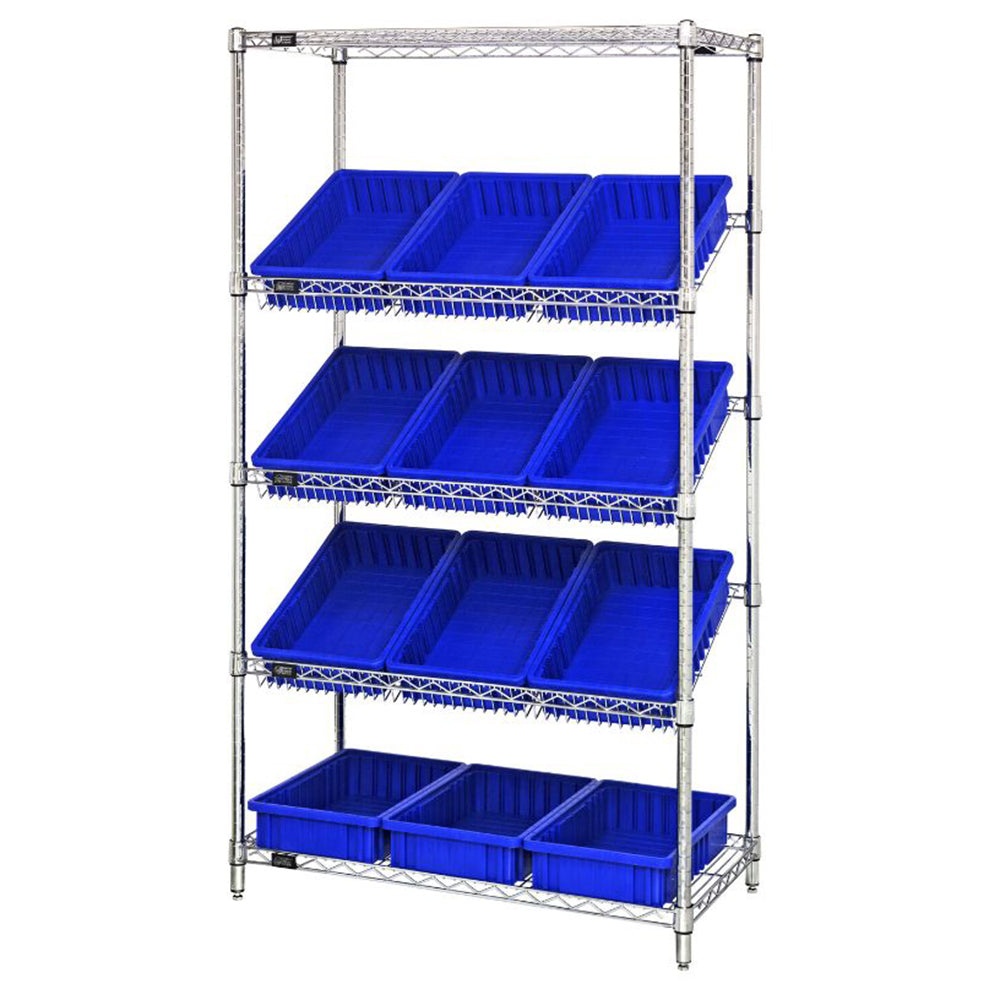 18"d x 36"w x 63"h 5-Tier Slanted Wire Shelving with 16-1/2"d x 10-7/8"w x 3-1/2"h Dividable Grid Containers