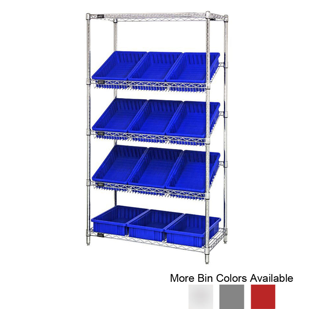 18"d x 36"w x 63"h 5-Tier Slanted Wire Shelving with 16-1/2"d x 10-7/8"w x 3-1/2"h Dividable Grid Containers