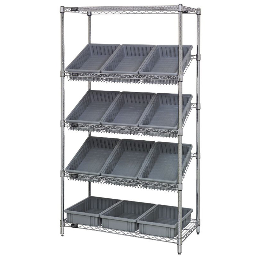 18"d x 36"w x 63"h 5-Tier Slanted Wire Shelving with 16-1/2"d x 10-7/8"w x 3-1/2"h Dividable Grid Containers