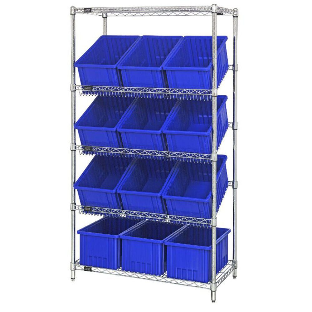 18"d x 36"w x 63"h 5-Tier Slanted Wire Shelving with 16-1/2"d x 10-7/8"w x 8"h Dividable Grid Containers