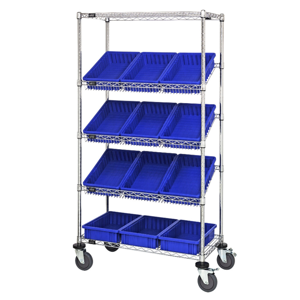 18"d x 36"w x 69"h 5-Tier Slanted Wire Shelving Carts with 16-1/2"d x 10-7/8"w x 3-1/2"h Dividable Grid Containers