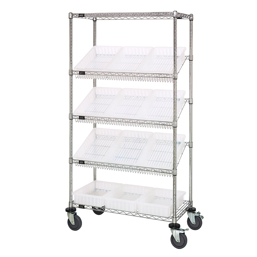 18"d x 36"w x 69"h 5-Tier Slanted Wire Shelving Carts with 16-1/2"d x 10-7/8"w x 3-1/2"h Dividable Grid Containers