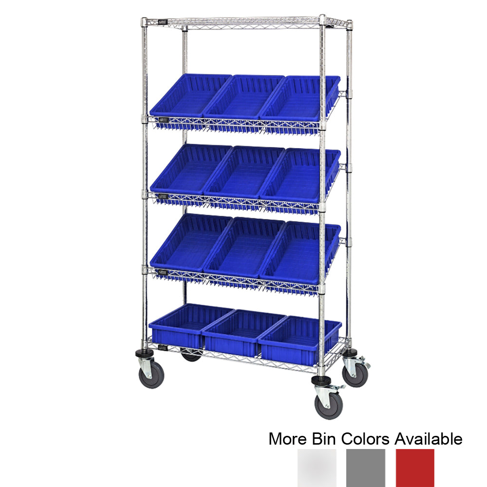 18"d x 36"w x 69"h 5-Tier Slanted Wire Shelving Carts with 16-1/2"d x 10-7/8"w x 3-1/2"h Dividable Grid Containers