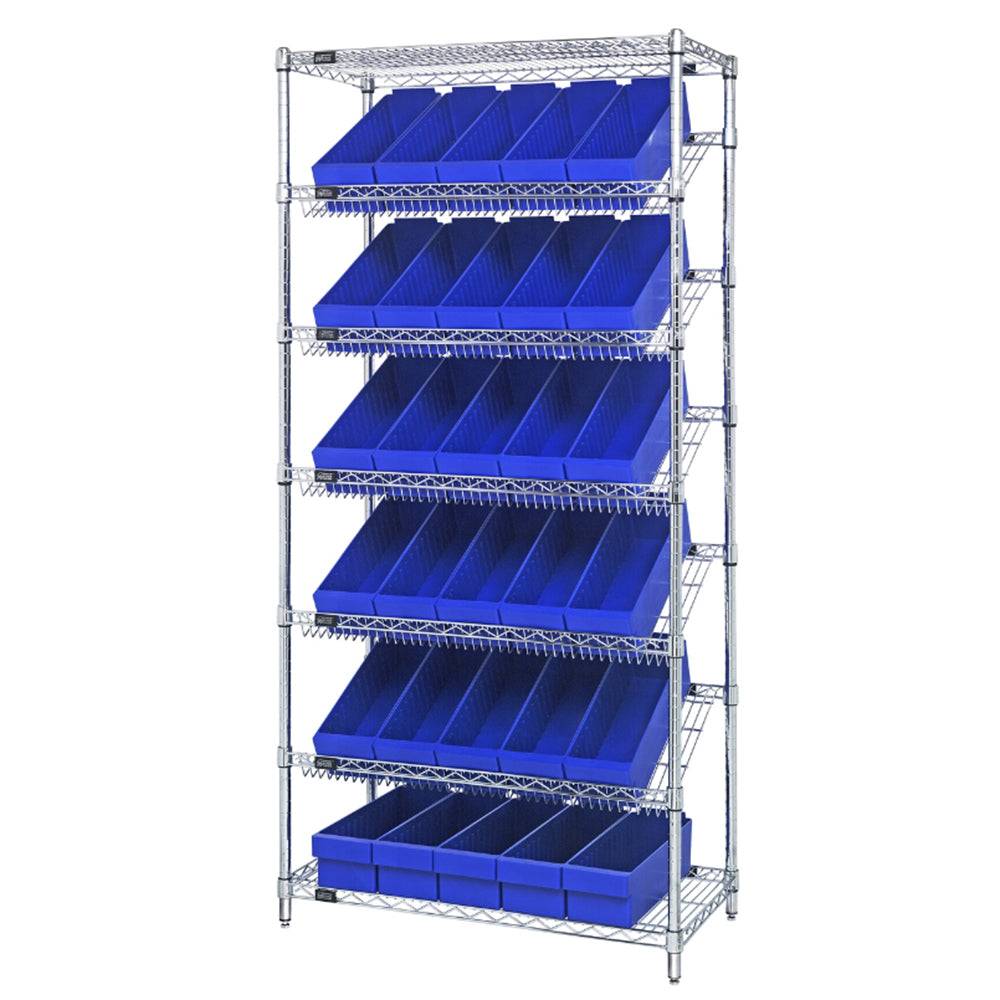 18"d x 36"w x 74"h 7-Tier Slanted Wire Shelving with 17-3/4"d x 5-9/16"w x 4-5/8"h Drawers